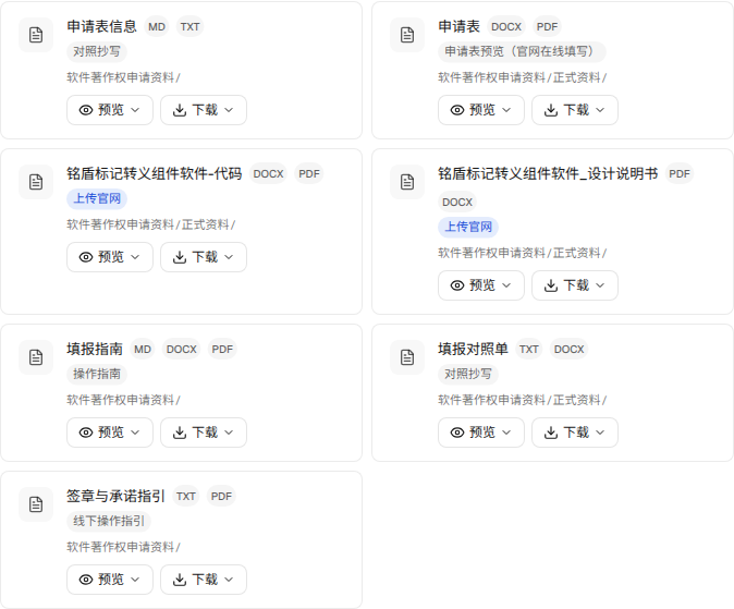 工作区材料产物 tab：同一文件的多格式合并为一张卡，徽标标出对照抄写、上传官网、操作指南等去向